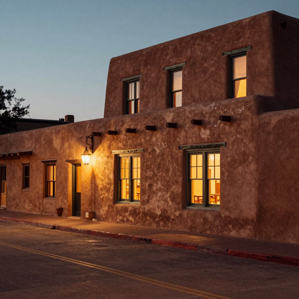 Santa Fe New Mexico Twilight Street Scene with Adobe Architecture and Vintage Automobile in in Santa Fe, New Mexico, United States