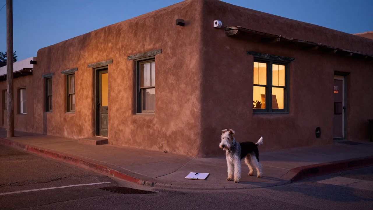 Santa Fe New Mexico Twilight Street Scene with Dog and Clipboard in in Santa Fe, New Mexico, United States