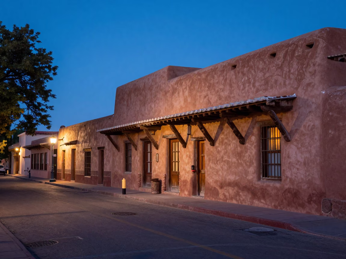 Santa Fe New Mexico Twilight Street Scene with Horchata and Traditional Architecture in in Santa Fe, New Mexico, United States