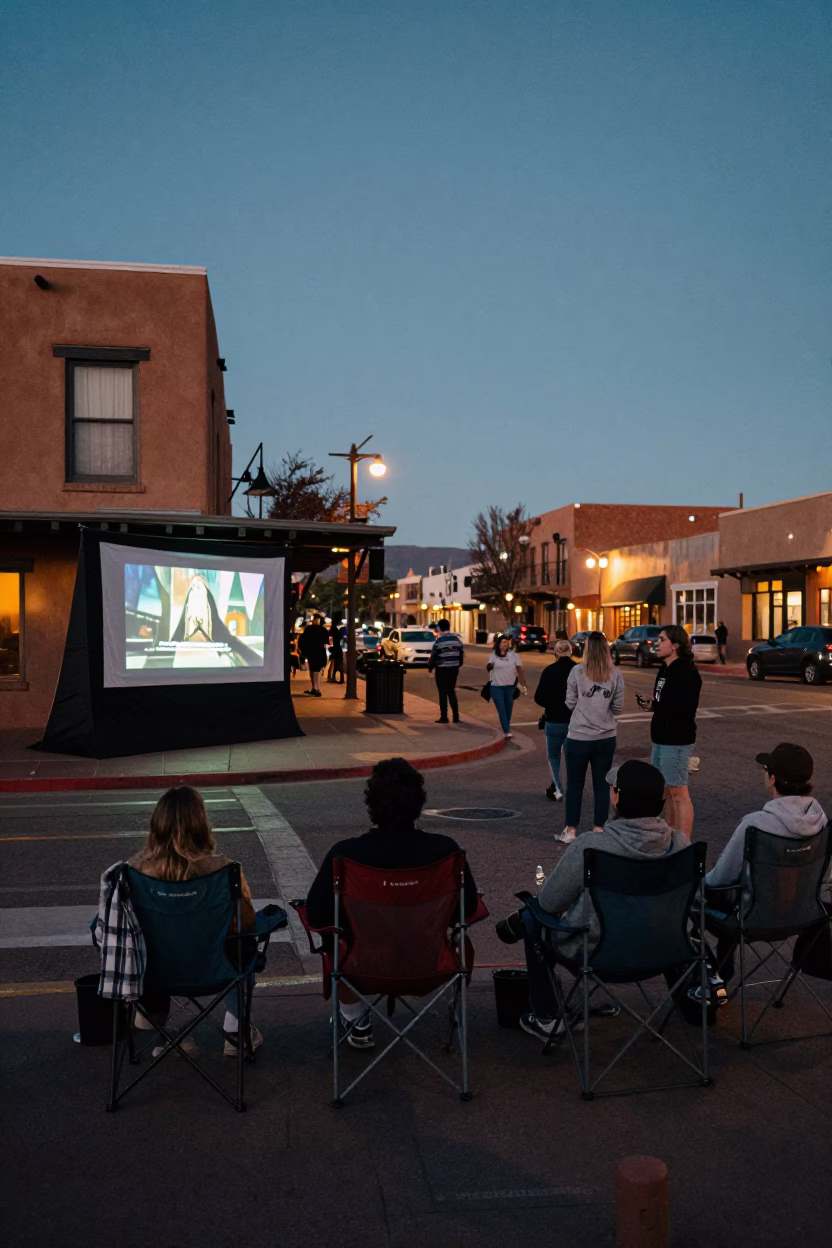 Santa Fe New Mexico Twilight Street Scene with Outdoor Cinema and Paperbacks in in Santa Fe, New Mexico, United States