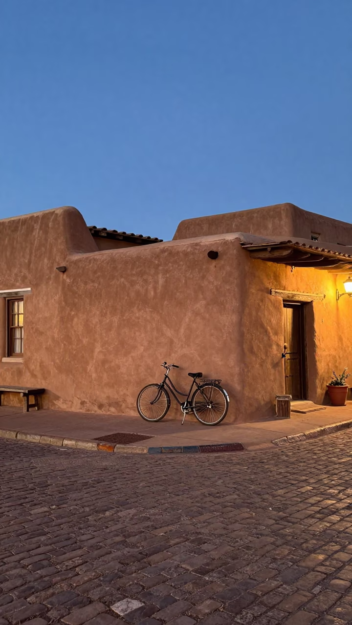 Santa Fe New Mexico Twilight Street Scene with Vintage Bicycle and Adobe Architecture in in Santa Fe, New Mexico, United States