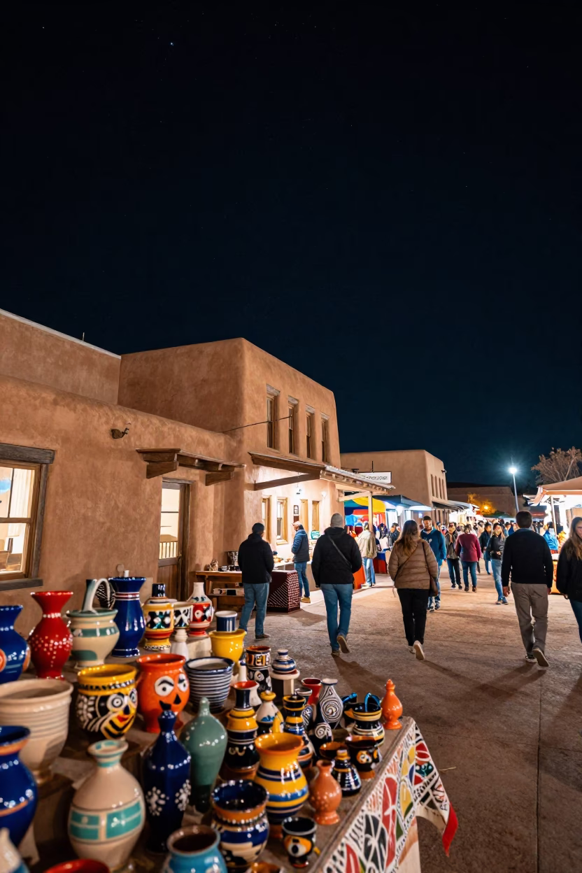 Santa Fe Night Market Adobe Architecture and Starry Sky in in Santa Fe, New Mexico, United States