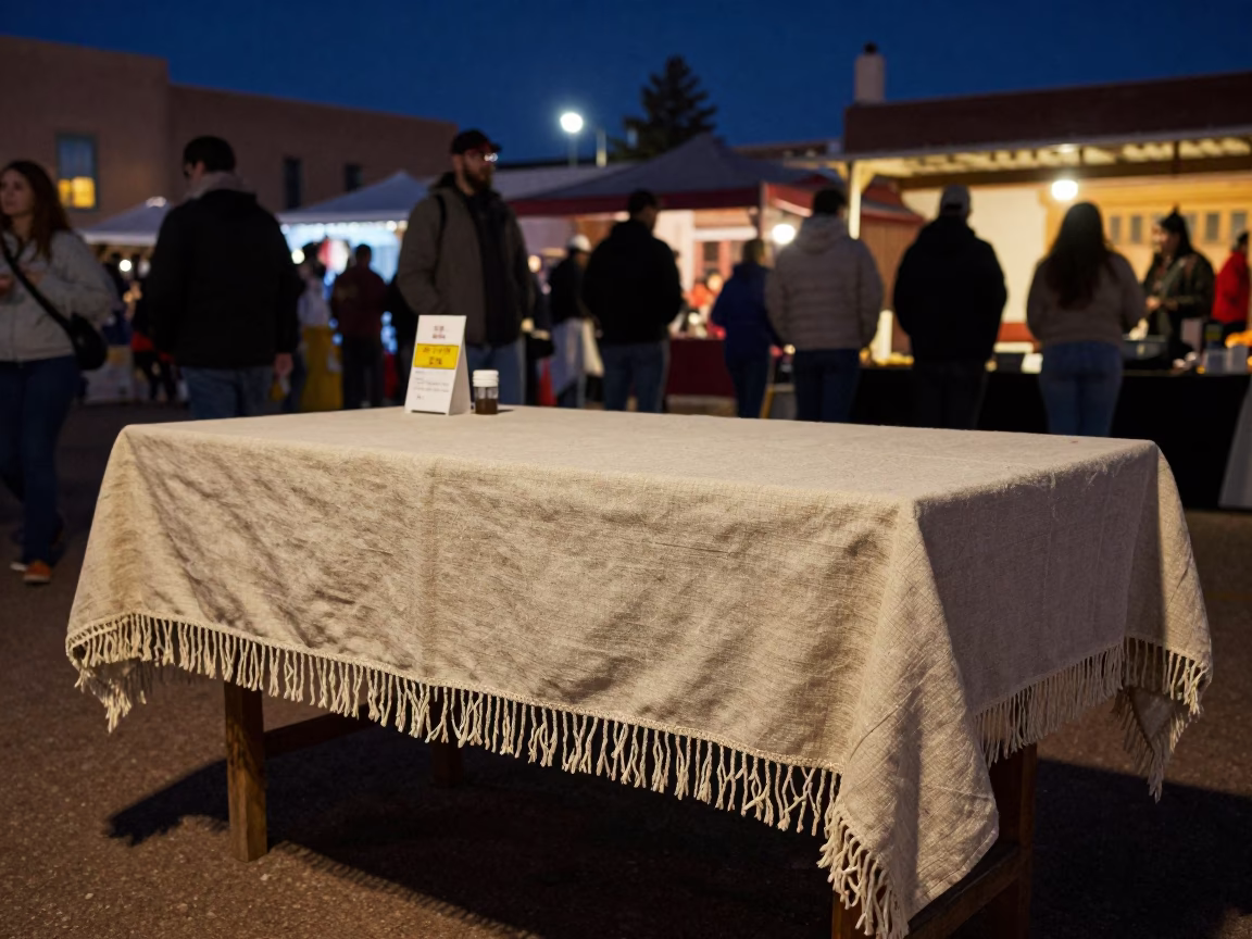 Santa Fe Night Market Stall with Linen Fringe and Mixed City Light in in Santa Fe, New Mexico, United States