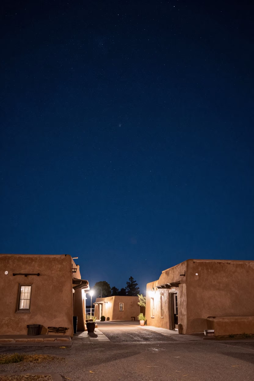 Santa Fe Night Sky Above Adobe Architecture and Street Life in in Santa Fe, New Mexico, United States