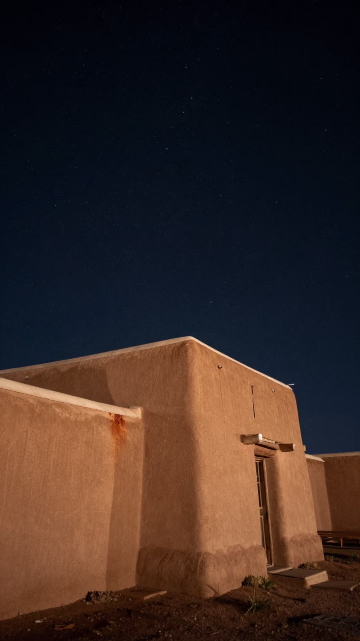 Santa Fe Night Sky Above Traditional Adobe Architecture and Rustic Street Details in in Santa Fe, New Mexico, United States
