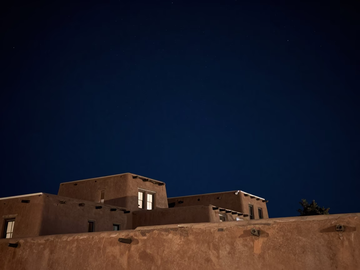 Santa Fe Night Sky and Adobe Architecture Under Deep Darkness in in Santa Fe, New Mexico, United States