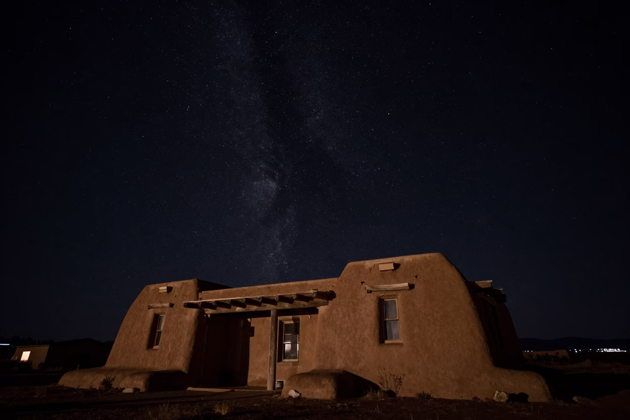Santa Fe Night Sky and Traditional Adobe Architecture Under Deep Darkness in in Santa Fe, New Mexico, United States