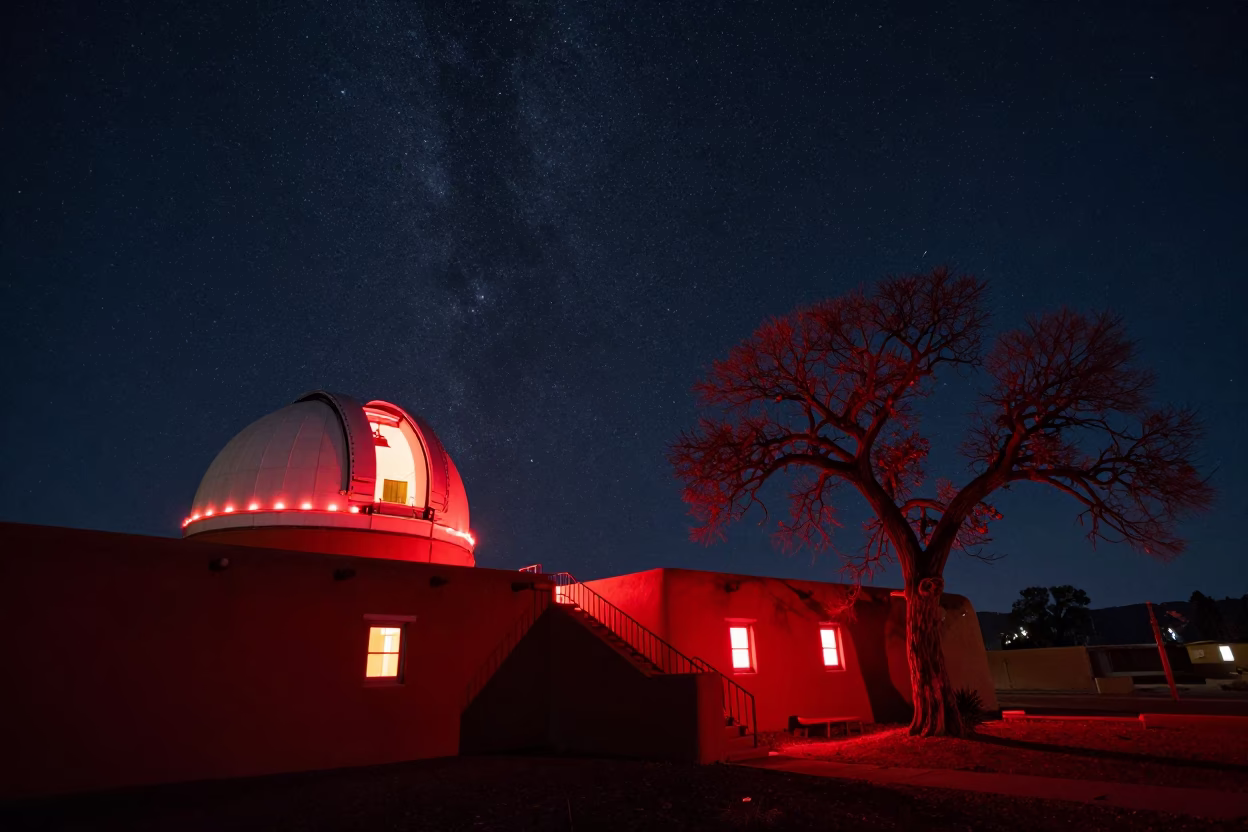 Santa Fe Night Sky Observatory Red Lights and Fig Tree in in Santa Fe, New Mexico, United States