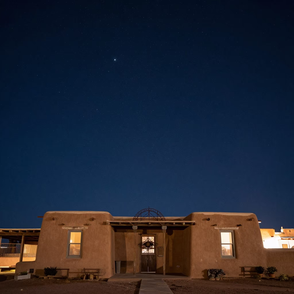 Santa Fe Night Sky Over Adobe Architecture and Handcrafted Metal Art in in Santa Fe, New Mexico, United States
