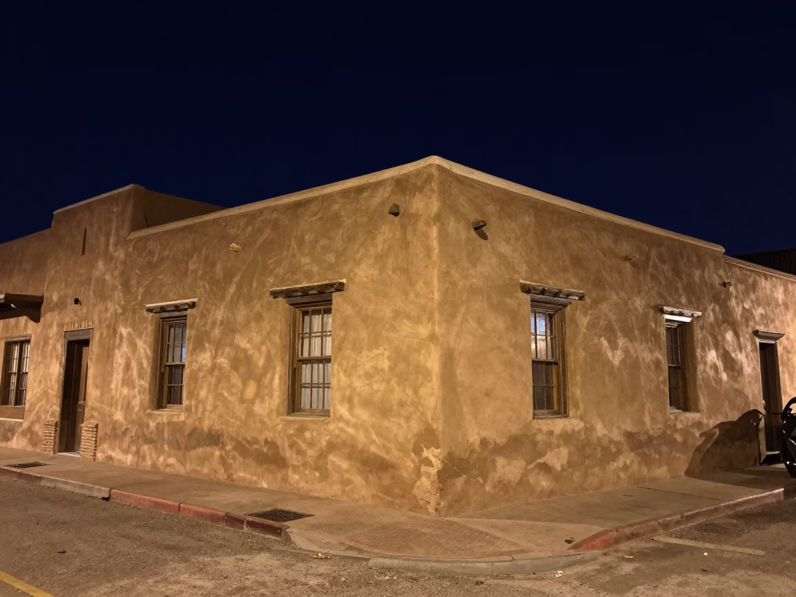 Santa Fe Night Street Scene with Adobe Architecture and Warm Window Light in in Santa Fe, New Mexico, United States