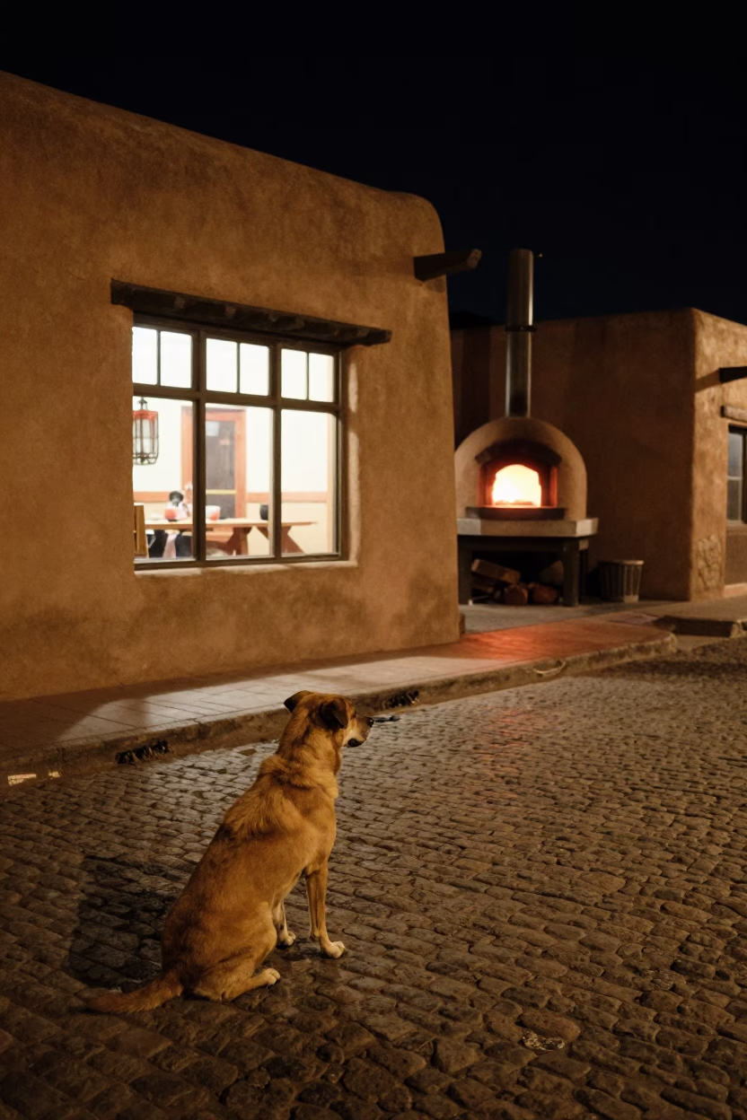 Santa Fe Night Street Scene with Brown Dog and Wood-Fired Pizza in in Santa Fe, New Mexico, United States