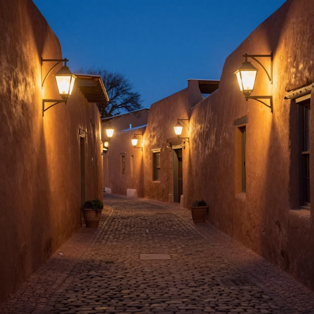 Santa Fe Old Town alleyway at twilight with glowing lanterns and adobe architecture in in Santa Fe, New Mexico, United States