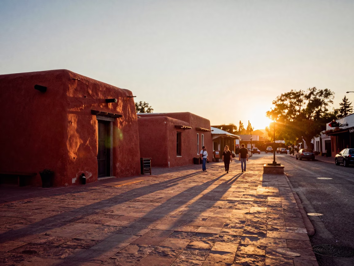Santa Fe Plaza Adobes at Sunset with Tourists and Street Vendors in in Santa Fe, New Mexico, United States