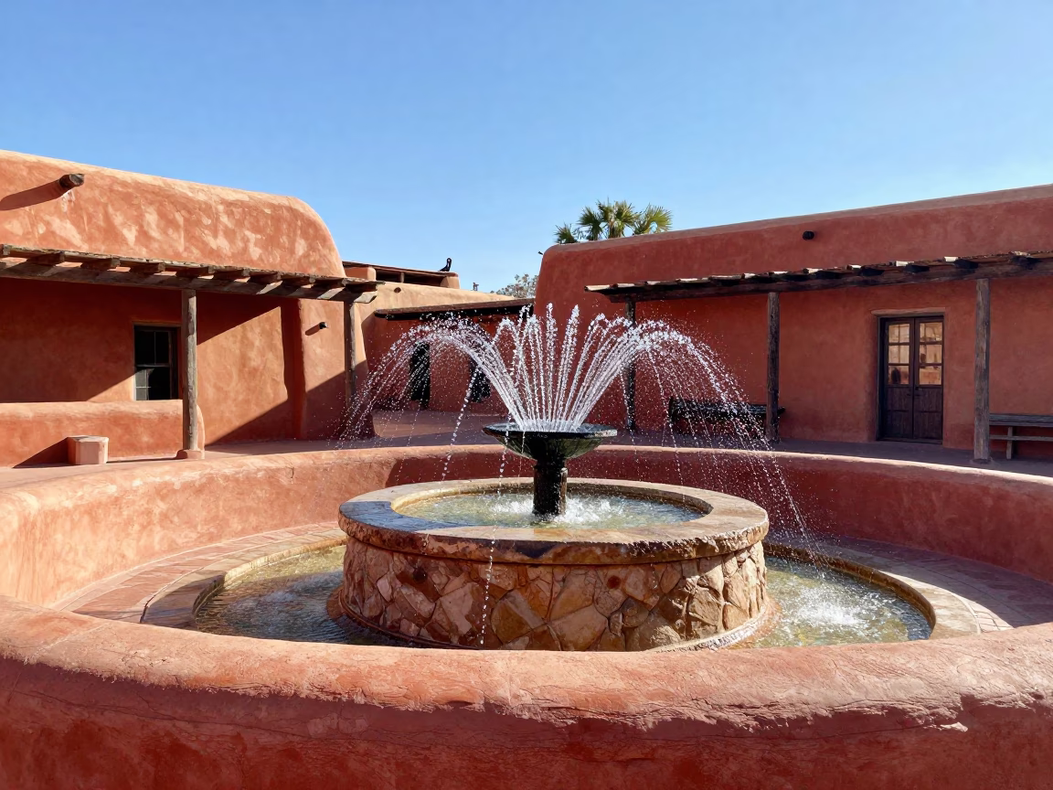 Santa Fe Plaza Adobes Sunlight Drying Rack Fountain Spray Morning in in Santa Fe, New Mexico, United States