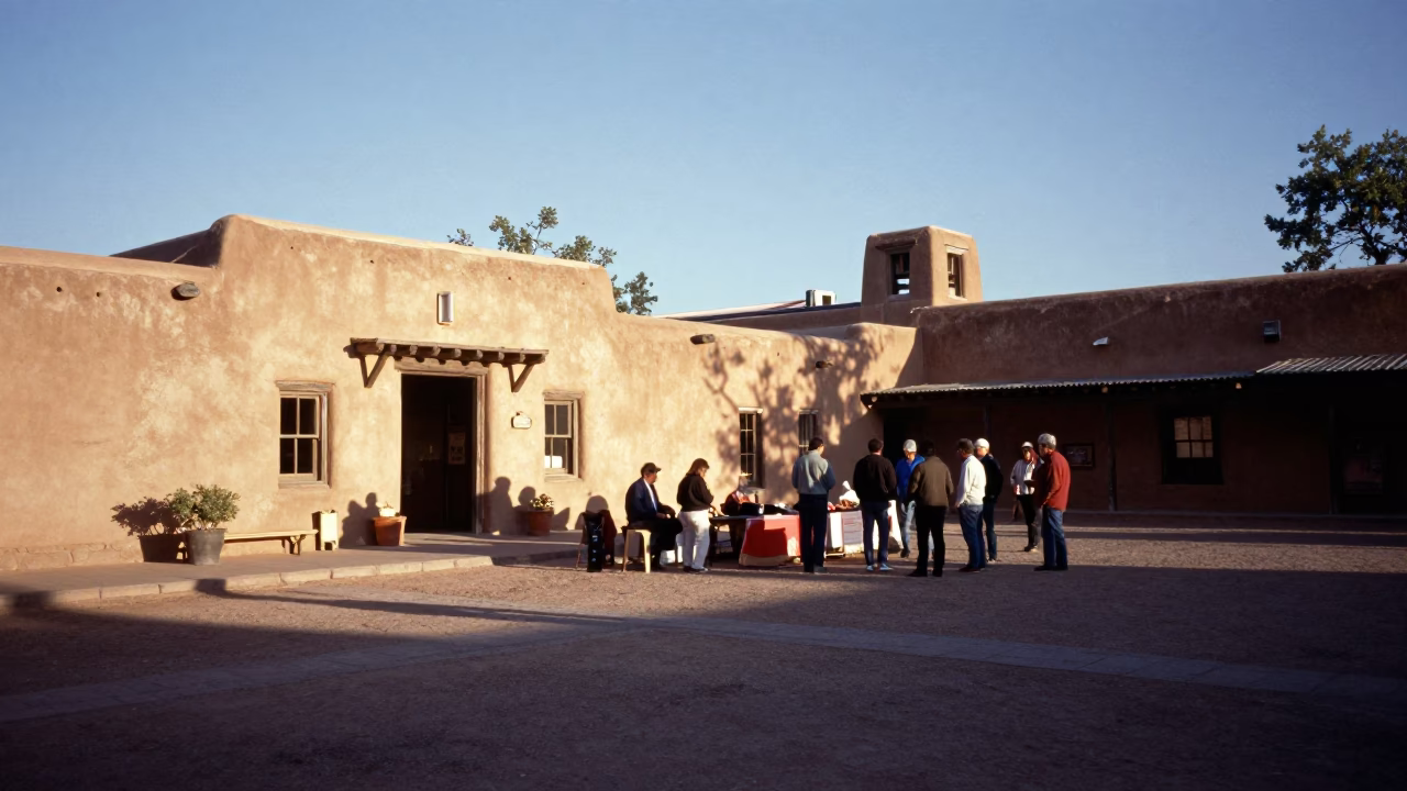 Santa Fe Plaza Afternoon Scene with Adobe Walls and Local Activity in in Santa Fe, New Mexico, United States