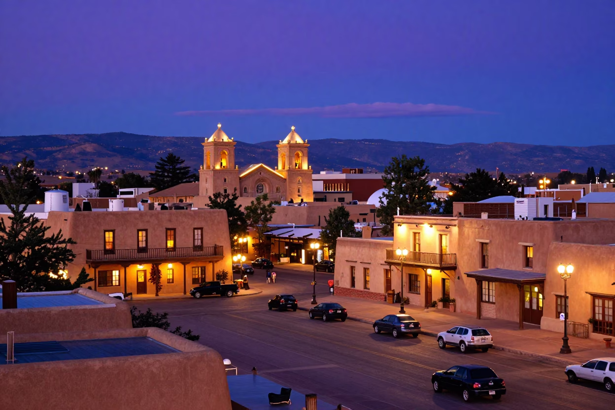 Santa Fe Plaza at Dusk with Adobe Architecture and Street Lamps Glowing in in Santa Fe, New Mexico, United States