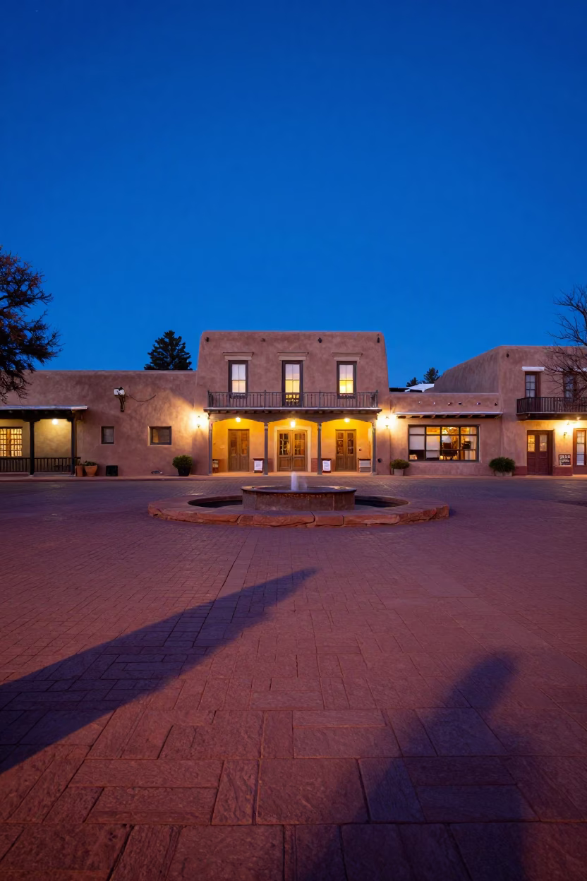 Santa Fe Plaza Evening Blue Hour Adobe Architecture and Local Life in in Santa Fe, New Mexico, United States