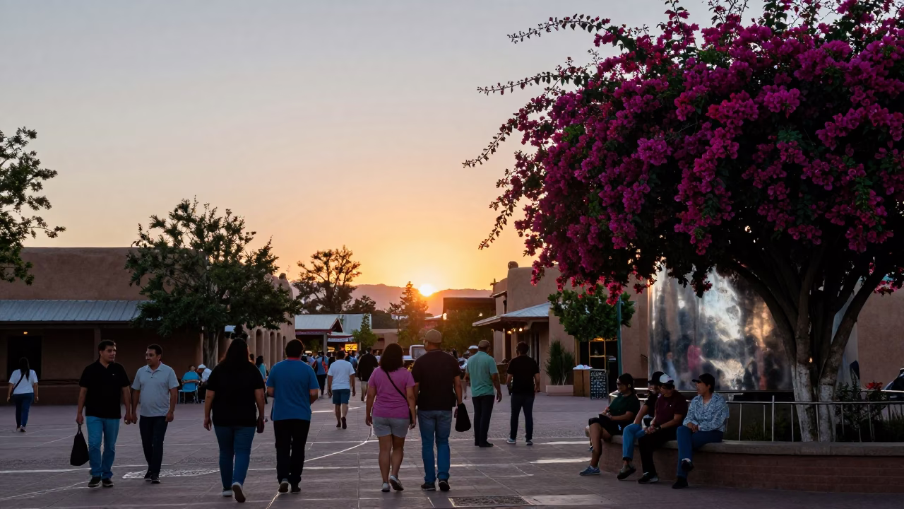 Santa Fe Plaza Evening Crowd with Bougainvillea and Brushed Steel Accents in in Santa Fe, New Mexico, United States