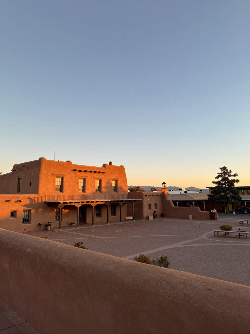 Santa Fe Plaza Evening Market with Adobe Architecture and Local Artisans in in Santa Fe, New Mexico, United States