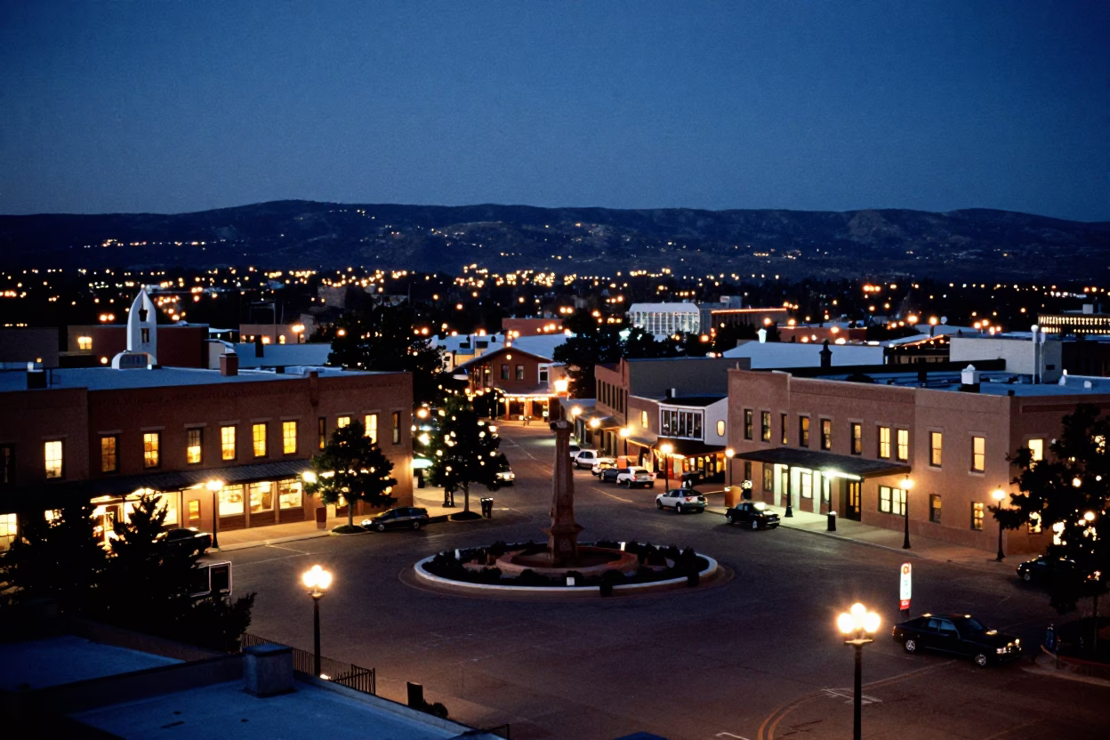 Santa Fe Plaza evening scene with glowing city lights and adobe architecture in in Santa Fe, New Mexico, United States