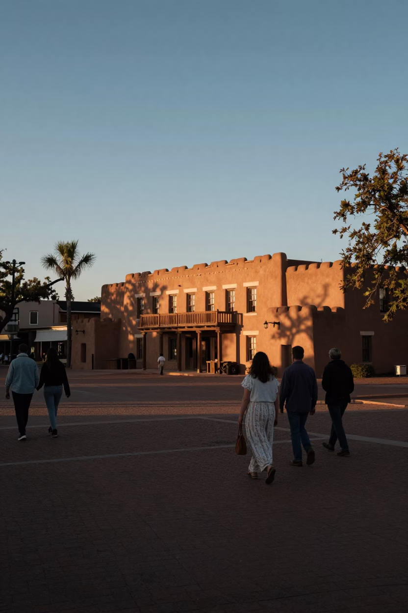 Santa Fe Plaza Evening Stroll with Adobe Walls and Local Pottery in in Santa Fe, New Mexico, United States