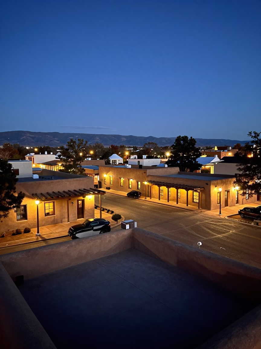 Santa Fe Plaza Evening with Adobe Architecture and Warm Street Lights in in Santa Fe, New Mexico, United States