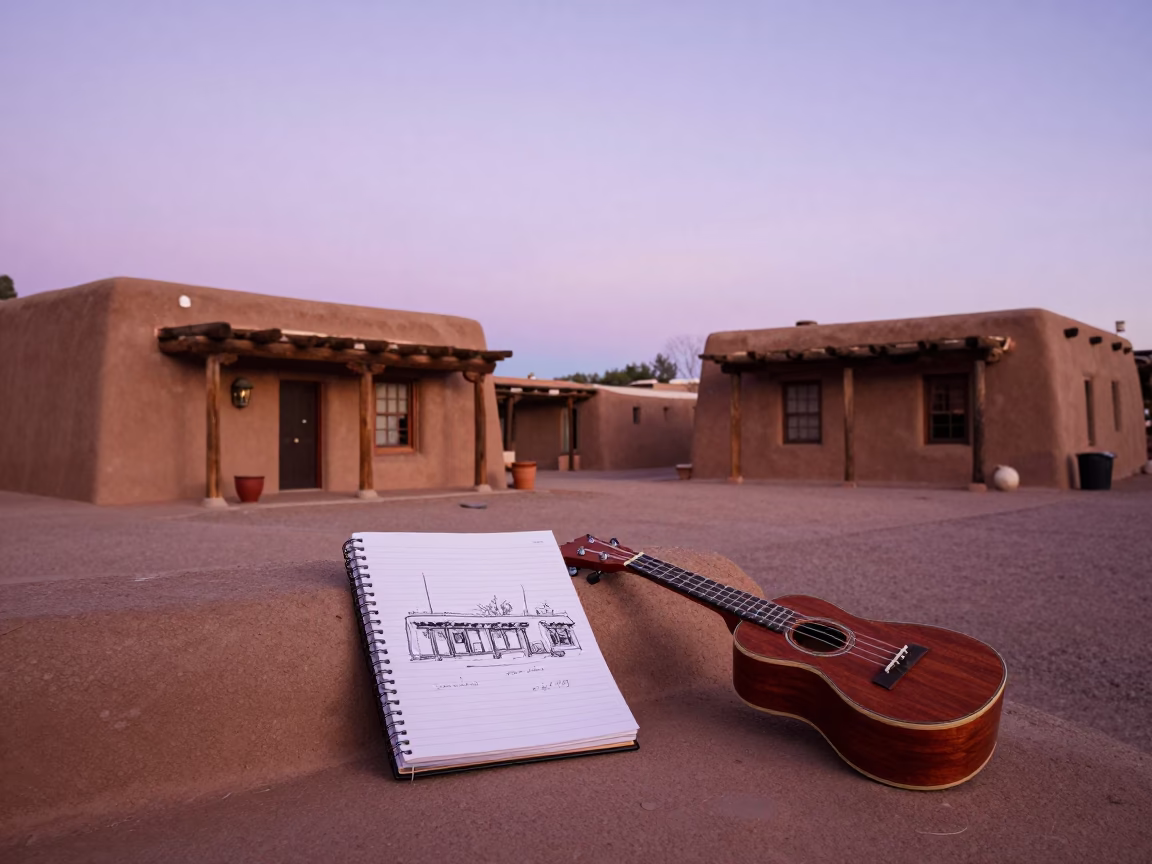 Santa Fe Plaza Evening with Sketchbook and Ukulele Near adobe Architecture in in Santa Fe, New Mexico, United States