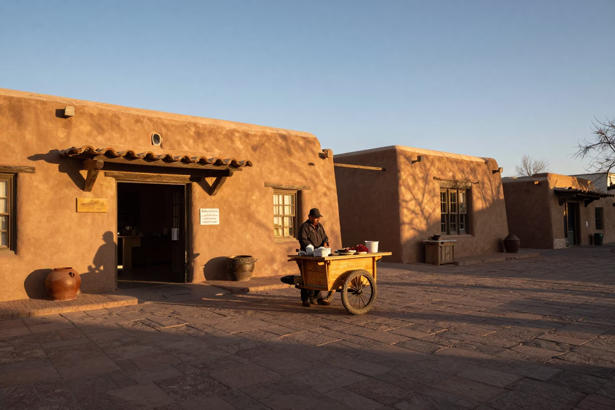 Santa Fe Plaza Golden Hour Chili Vendors and Adobe Architecture in in Santa Fe, New Mexico, United States