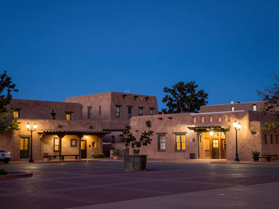 Santa Fe Plaza Indigo Twilight Adobe Architecture and Street Scene in in Santa Fe, New Mexico, United States