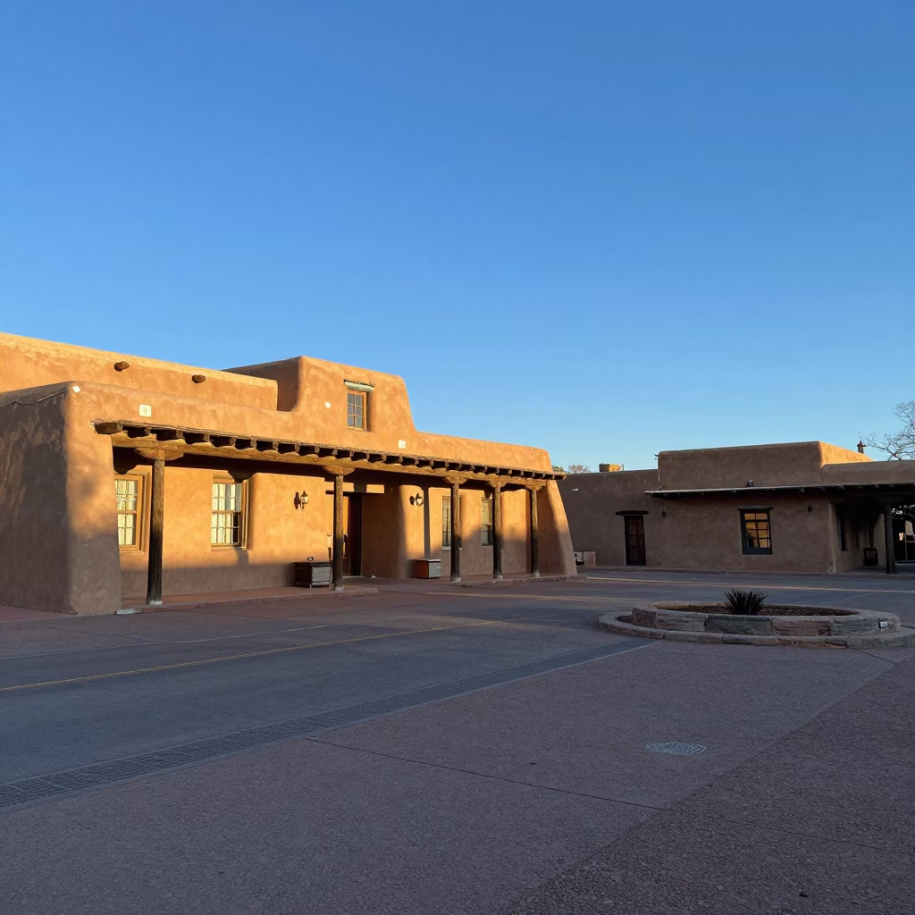 Santa Fe Plaza Late Morning Sunlight and Local Street Scene in in Santa Fe, New Mexico, United States