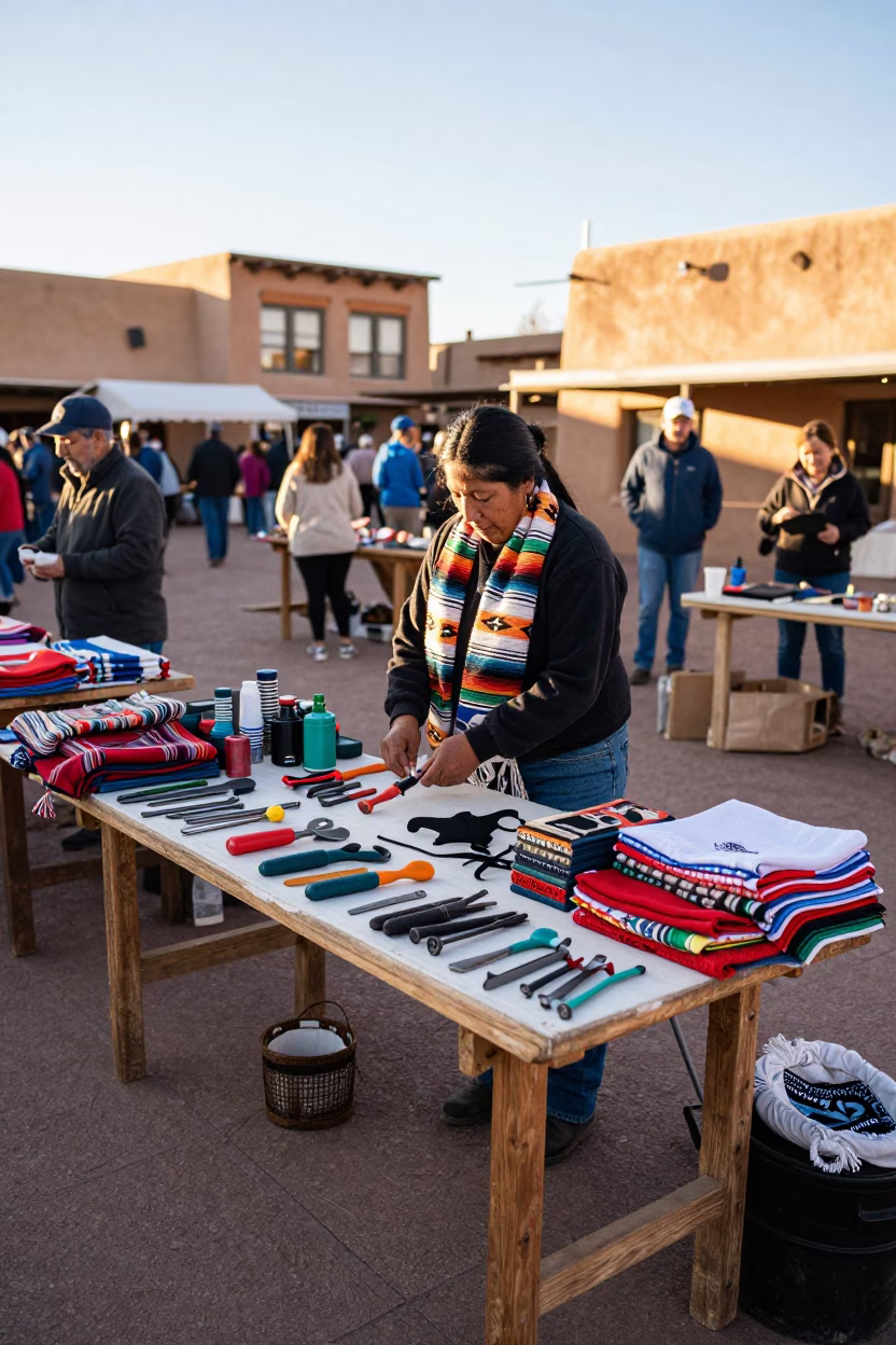 Santa Fe Plaza Market Vendor Arranging Hand Tools and Textiles Under Early Afternoon Sun in in Santa Fe, New Mexico, United States