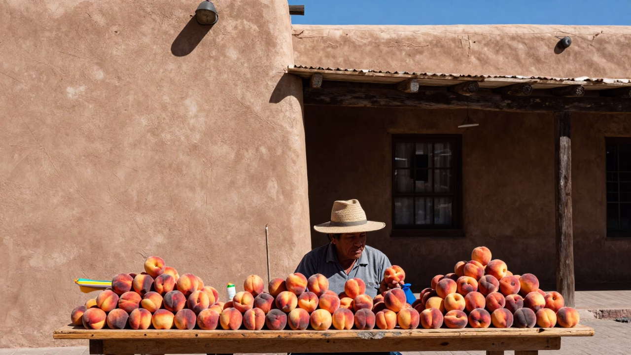 Santa Fe Plaza Midday Market Scene with Adobe Architecture and Fresh Peaches in in Santa Fe, New Mexico, United States