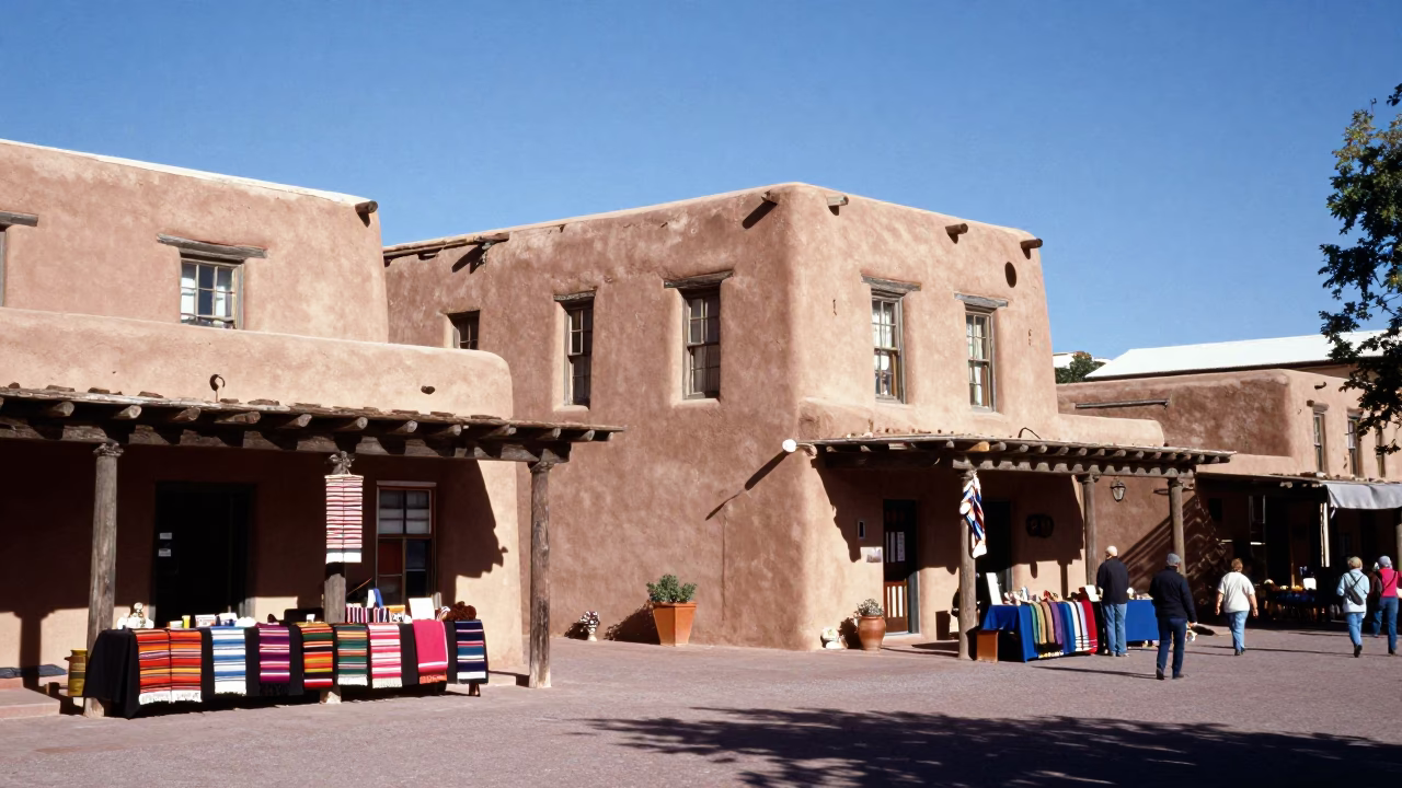 Santa Fe Plaza Midday Sunlight Adobes Market Stalls and Local Artisans in in Santa Fe, New Mexico, United States