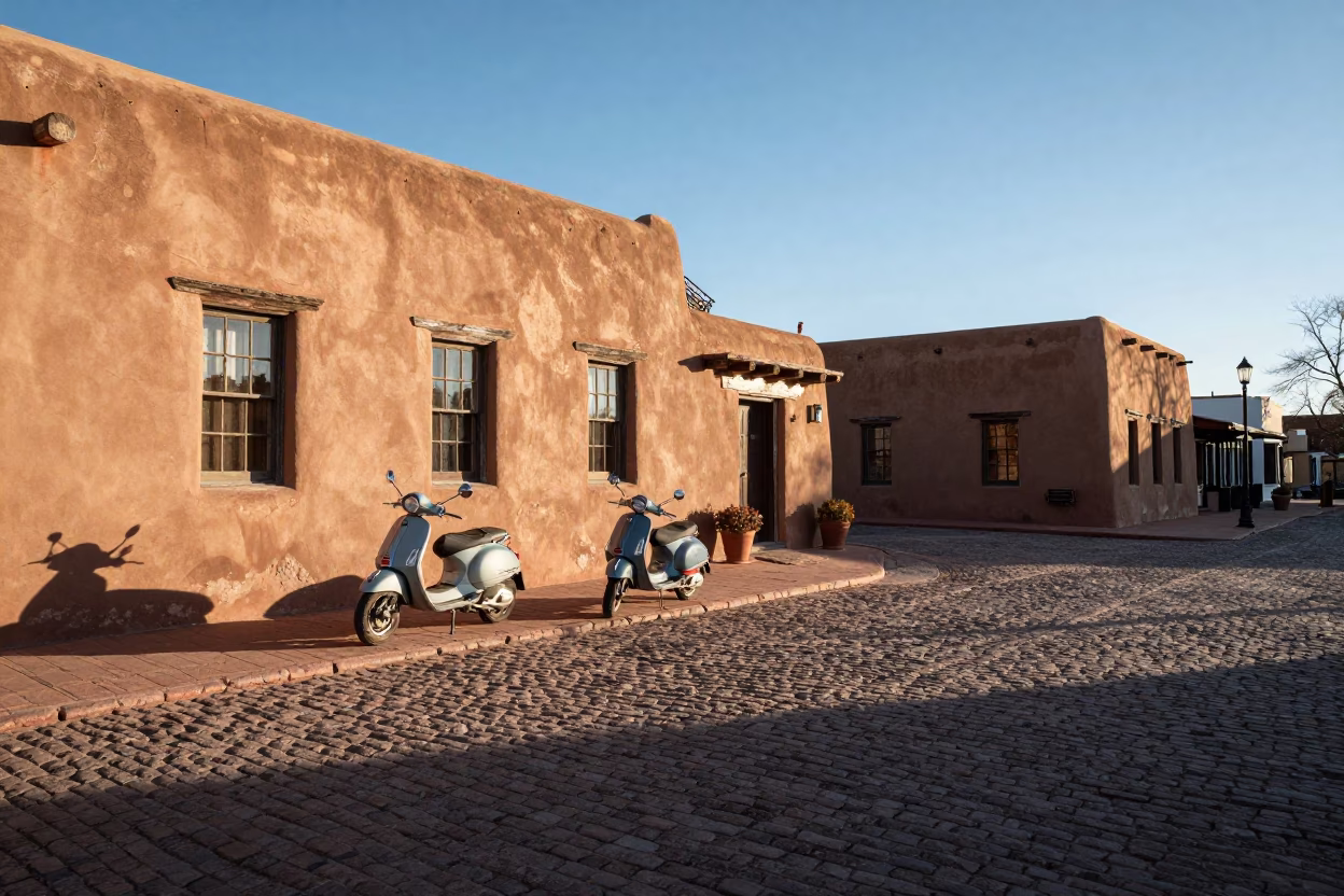 Santa Fe Plaza Morning Light Adobes and Vintage Vespa Cobblestone Lane in in Santa Fe, New Mexico, United States