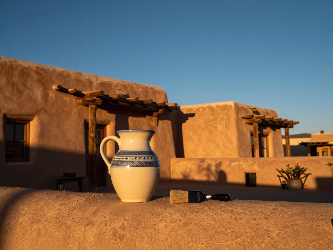 Santa Fe Plaza Sunset Gathering with Ceramic Pitcher and Brushed Steel Hardware Details in in Santa Fe, New Mexico, United States