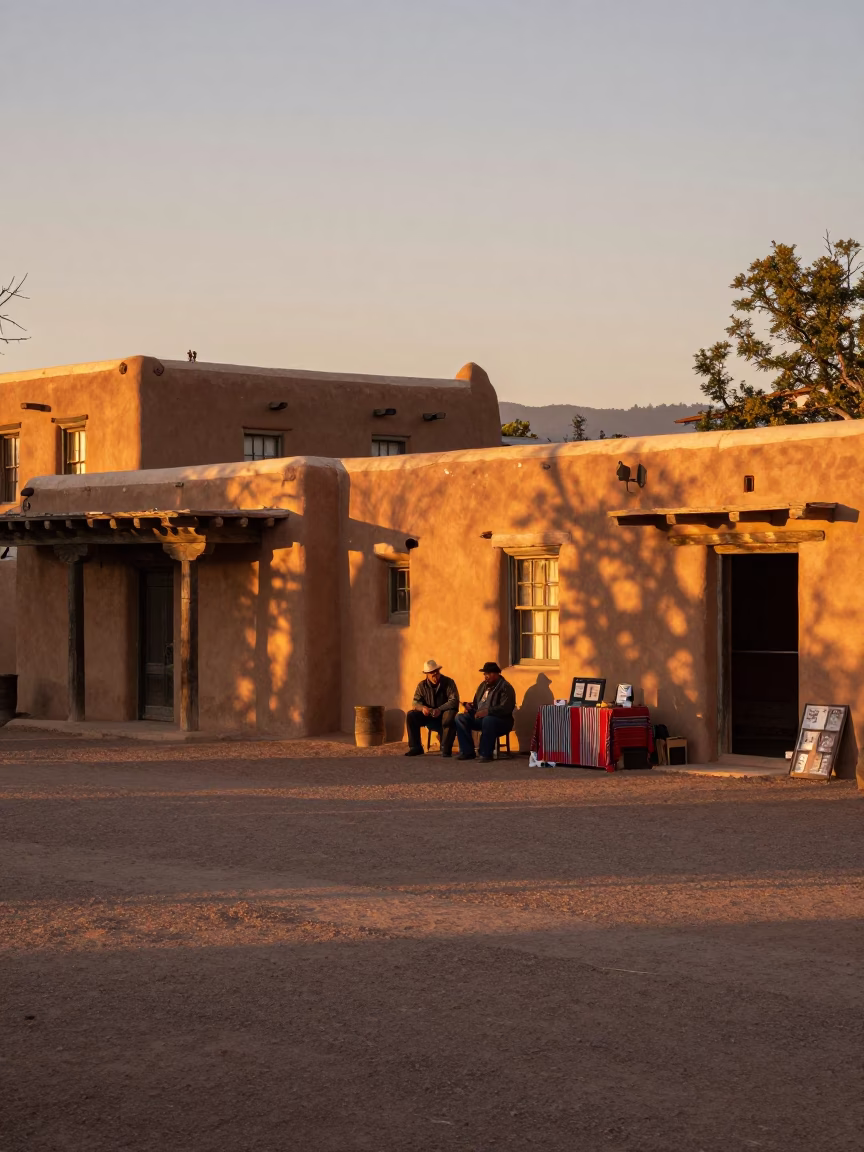 Santa Fe Plaza Sunset with Adobe Architecture and Local Artisans in in Santa Fe, New Mexico, United States