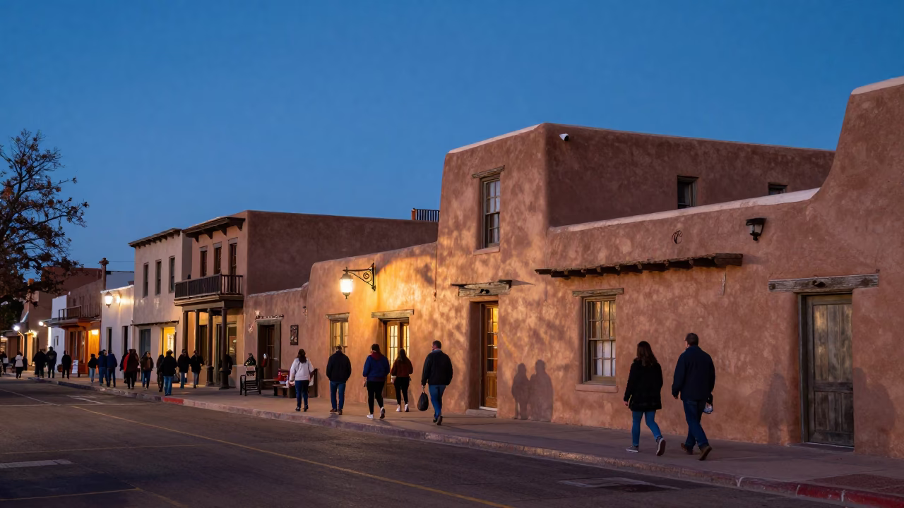 Santa Fe Plaza Twilight Street Scene with Adobe Architecture and Local Commerce in in Santa Fe, New Mexico, United States