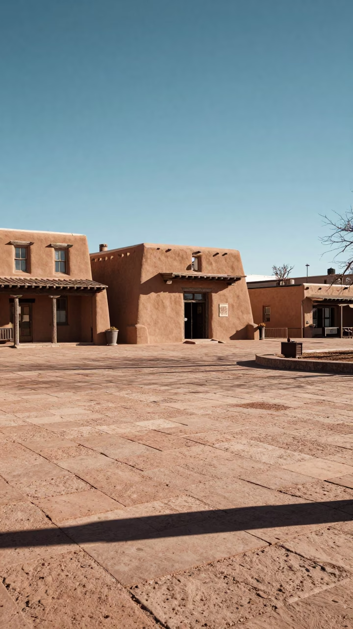 Santa Fe Plaza Winter Noon Scene with Traditional Adobe Architecture in in Santa Fe, New Mexico, United States