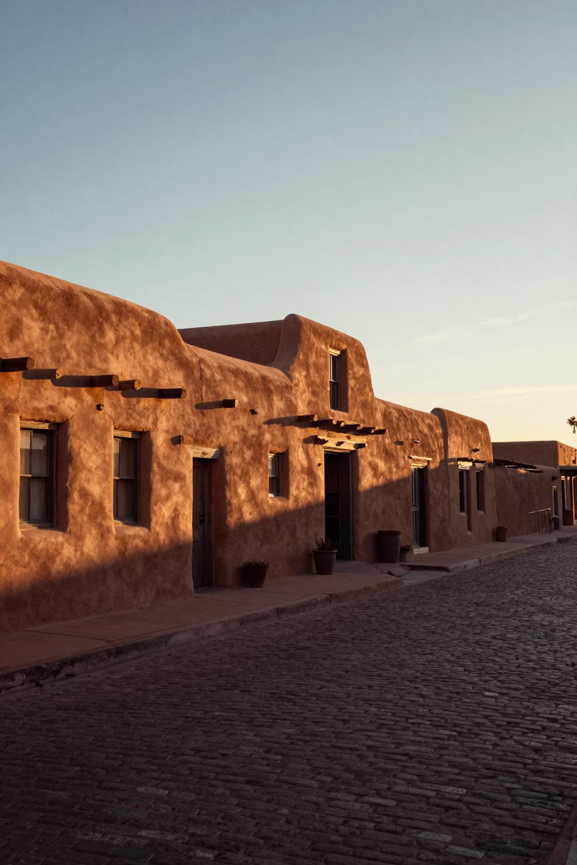 Santa Fe Street Scene at As The Sun Drops Toward The Horizon in in Santa Fe, New Mexico, United States
