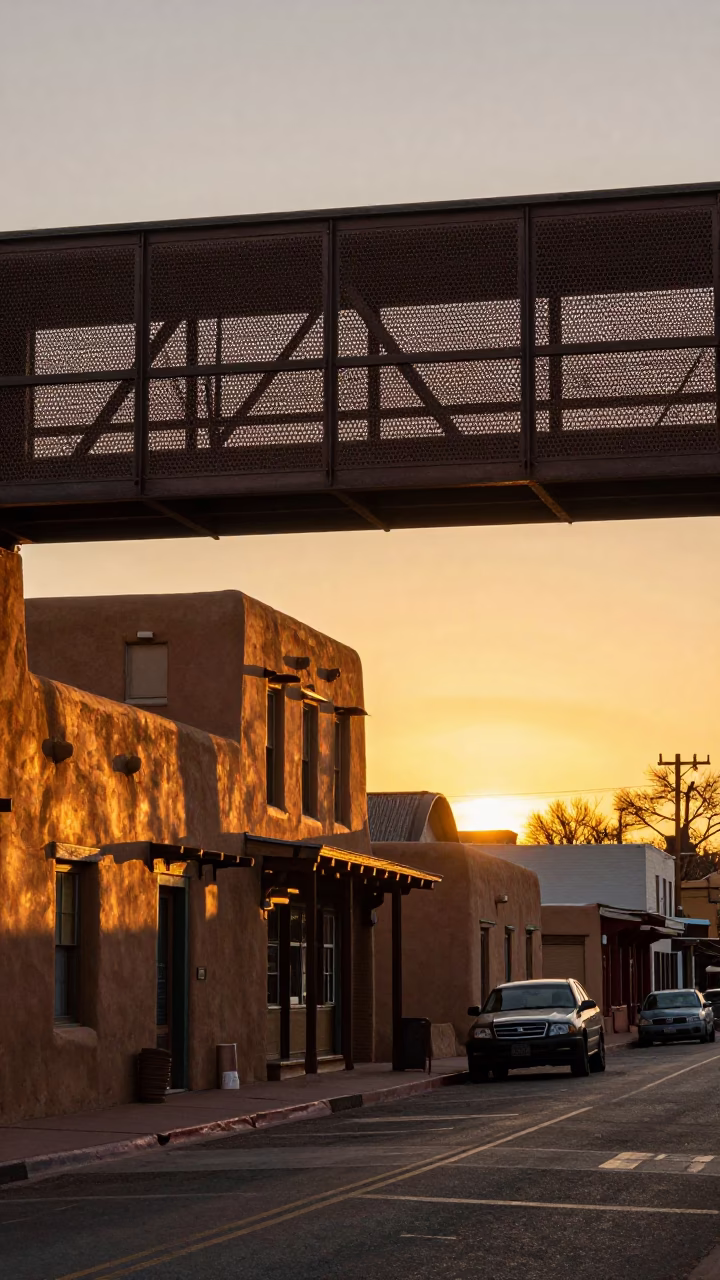 Santa Fe Street Scene at As The Sun Drops Toward The Horizon in in Santa Fe, New Mexico, United States