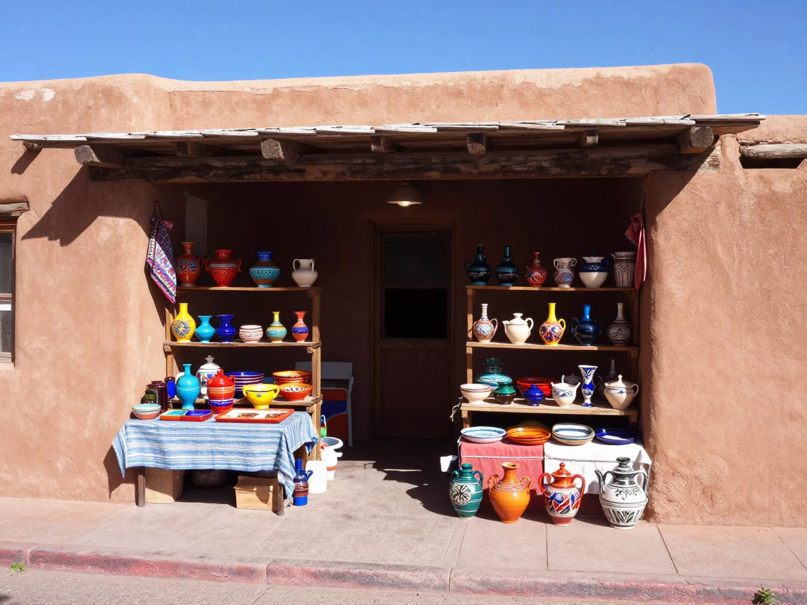 Santa Fe Street Vendor Display Under Flat Noon Light With Colorful Wares in in Santa Fe, New Mexico, United States