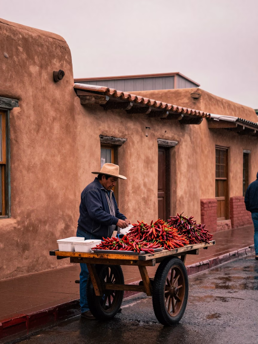 Santa Fe Street Vendor Morning After Rain Adobes in in Santa Fe, New Mexico, United States