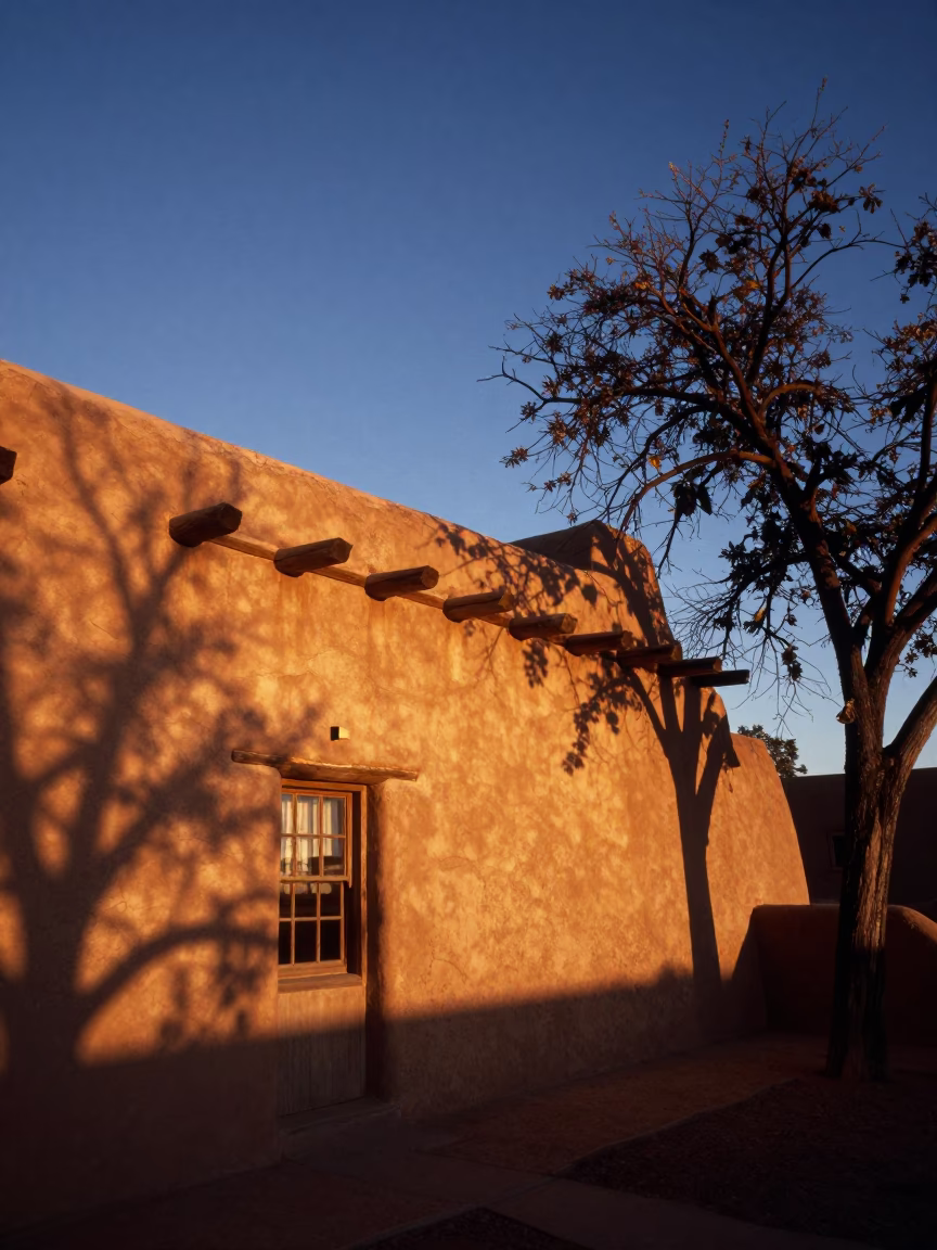 Santa Fe Sunset Adobe Architecture with Tamarind Tree and Rustic Clay Pot in in Santa Fe, New Mexico, United States