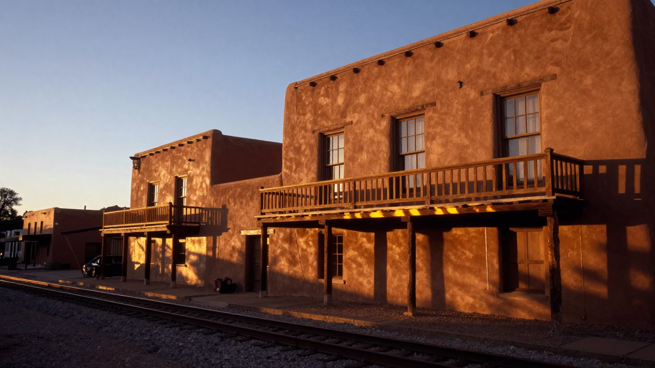 Santa Fe Sunset Adobes and Sun Stripe on Rail in in Santa Fe, New Mexico, United States