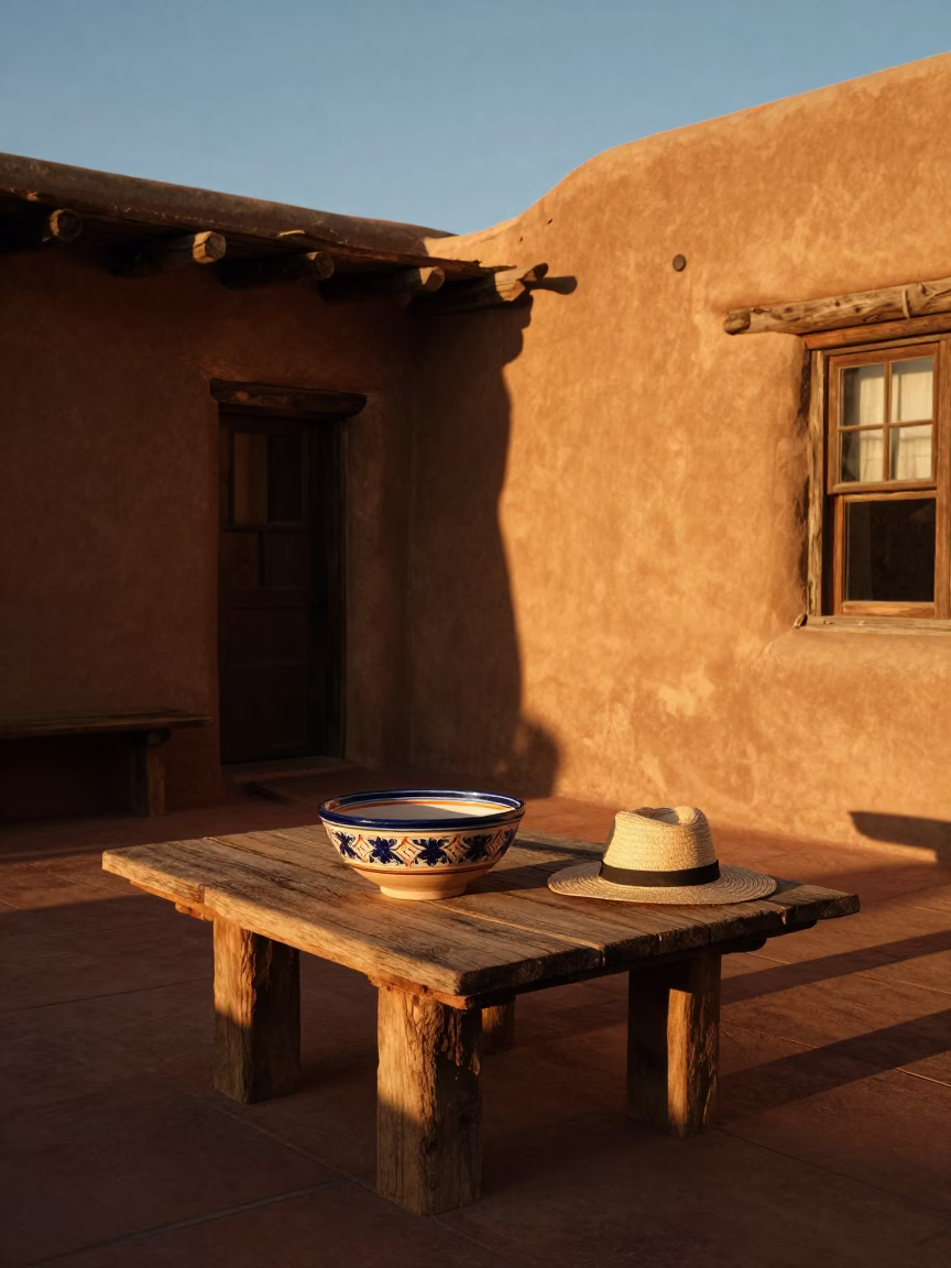 Santa Fe Sunset Adobes Ceramic Bowl and Straw Hat on Adobe Patio in in Santa Fe, New Mexico, United States