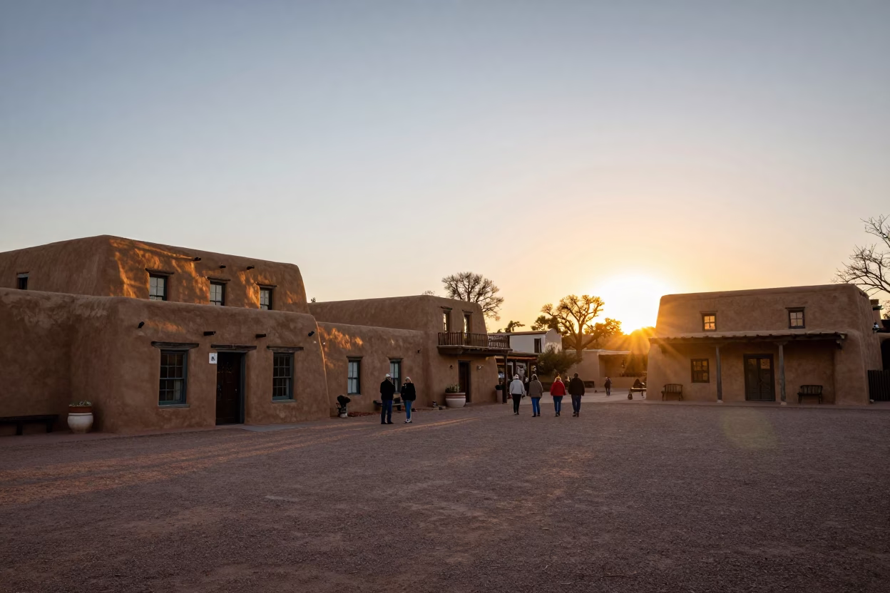 Santa Fe Sunset Plaza adobe architecture and historic plaza at golden hour in in Santa Fe, New Mexico, United States