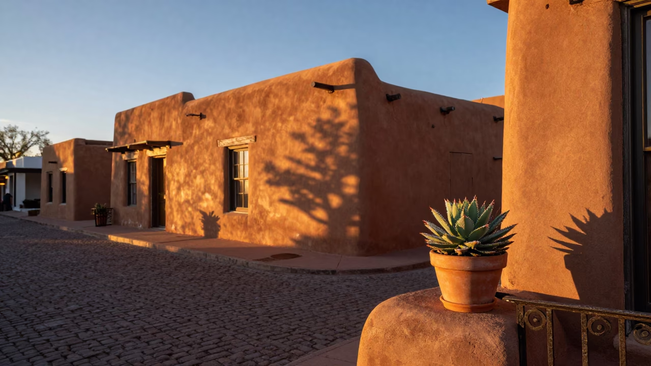 Santa Fe Sunset Street Scene with Adobe Architecture and Echeveria Succulent in in Santa Fe, New Mexico, United States