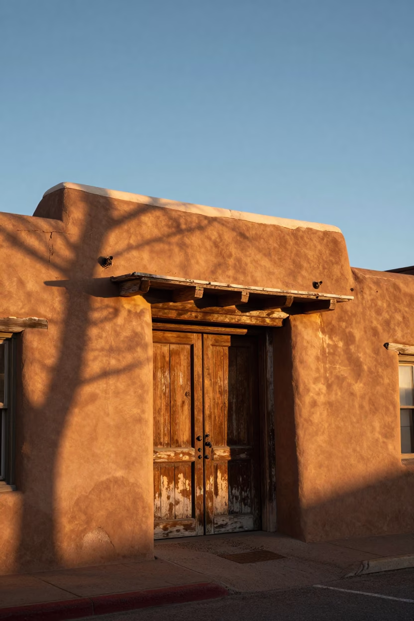 Santa Fe Sunset Street Scene with Adobe Architecture and Local Life in in Santa Fe, New Mexico, United States