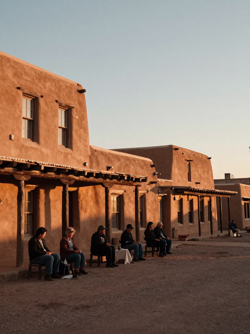 Santa Fe Sunset Street Scene with Local Artisans and Traditional Architecture in in Santa Fe, New Mexico, United States