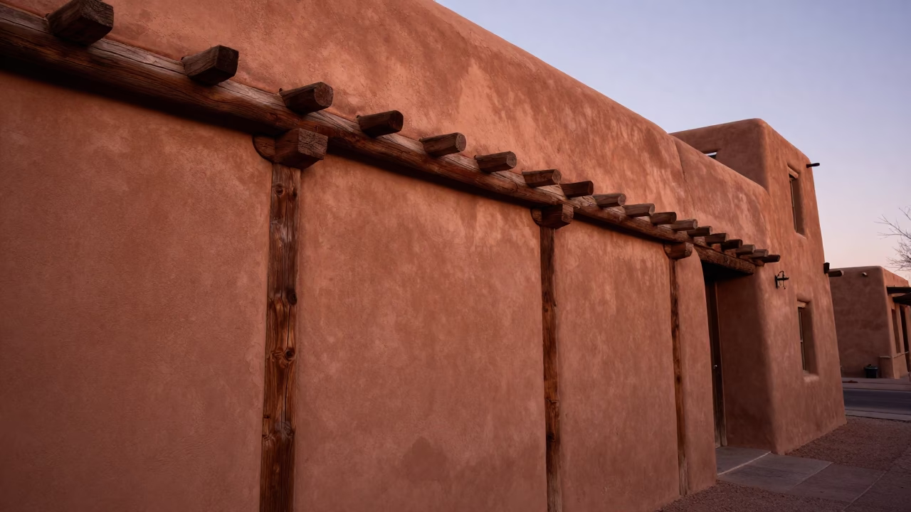 Santa Fe Terracotta Details at Copper-toned Light Before Dusk in in Santa Fe, New Mexico, United States